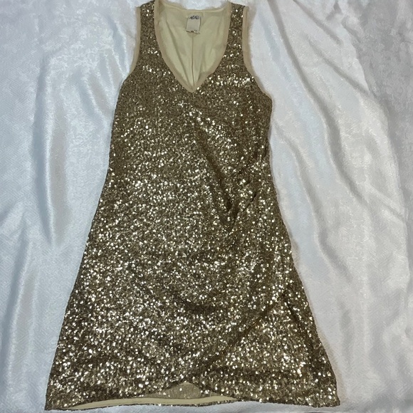 Ali Ro Gold Sequin Ruched V-Neck Dress Women’s M Party Cocktail Holiday Glam - Picture 2 of 9